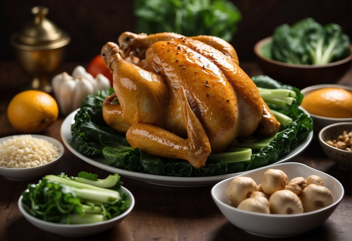 A whole Chinese chicken, surrounded by traditional accompaniments like bok choy, shiitake mushrooms, and ginger, served on a decorative platter
