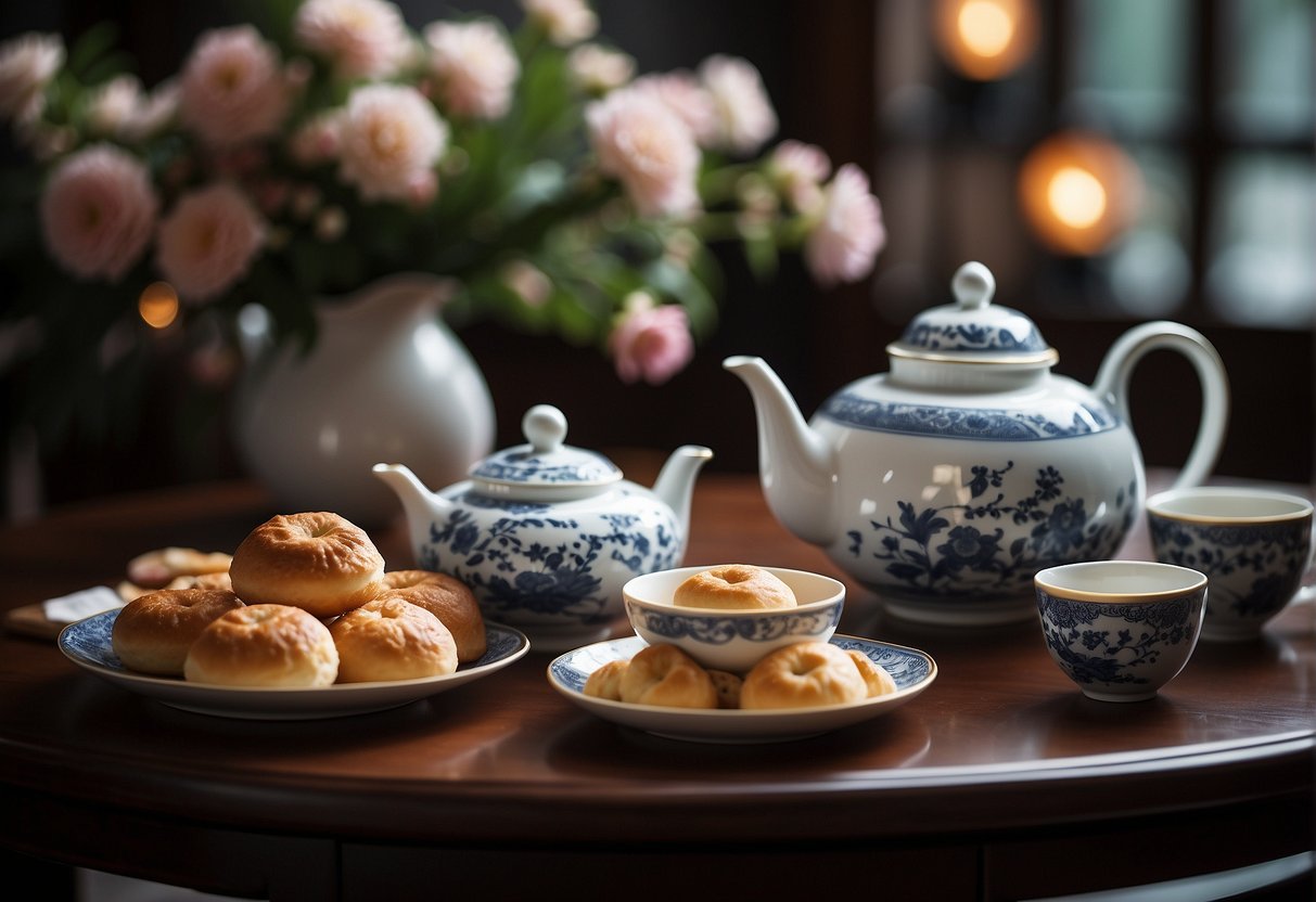 A table set with a teapot, cups, and traditional Chinese pastries, surrounded by elegant floral decorations and soft lighting
