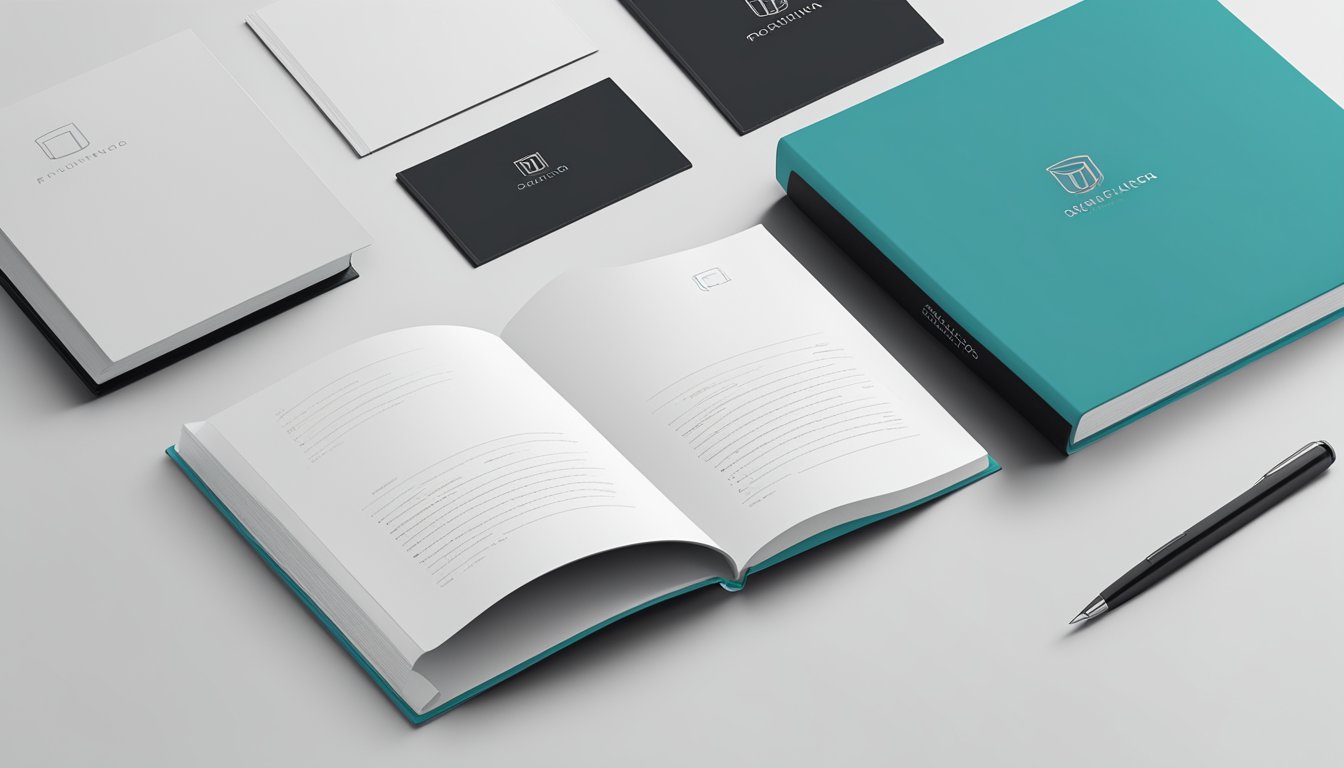 A sleek, modern brand book with clean lines and minimalist design, featuring the logo prominently on the cover