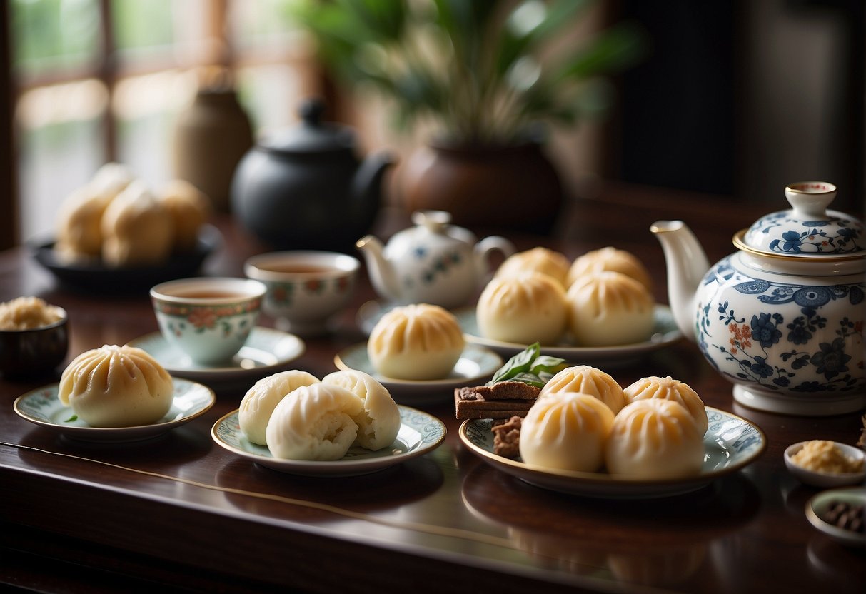 A table set with traditional Chinese afternoon tea items: steamed buns, dumplings, tea, and small pastries. The setting is serene with a teapot and cups arranged neatly