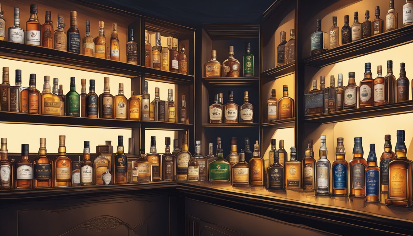 A display of iconic whisky brands in Singapore, with bottles arranged on a sleek, modern bar counter against a backdrop of dimly lit shelves