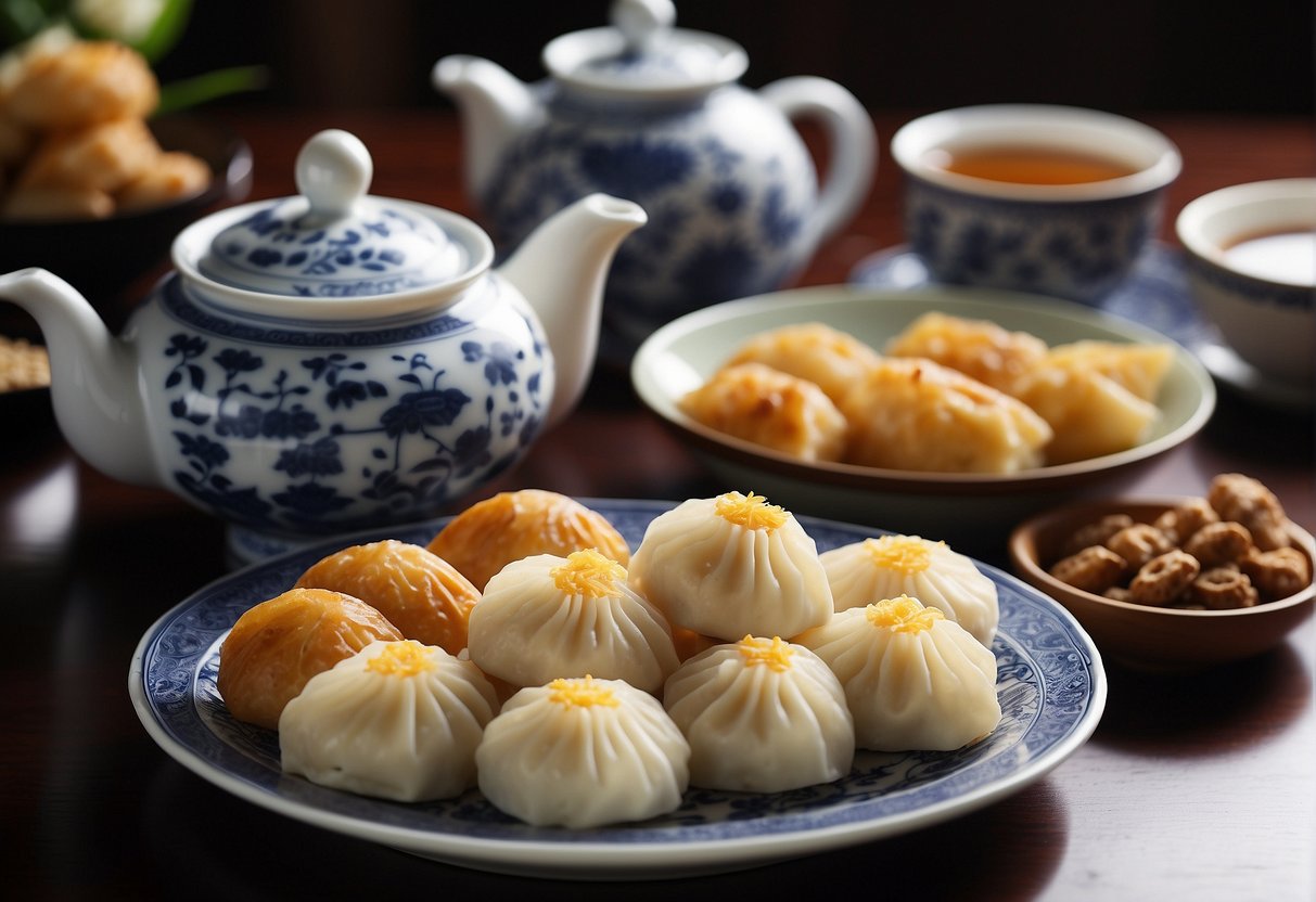 A table set with traditional Chinese tea and snacks, including dumplings and pastries, arranged neatly on delicate porcelain dishes