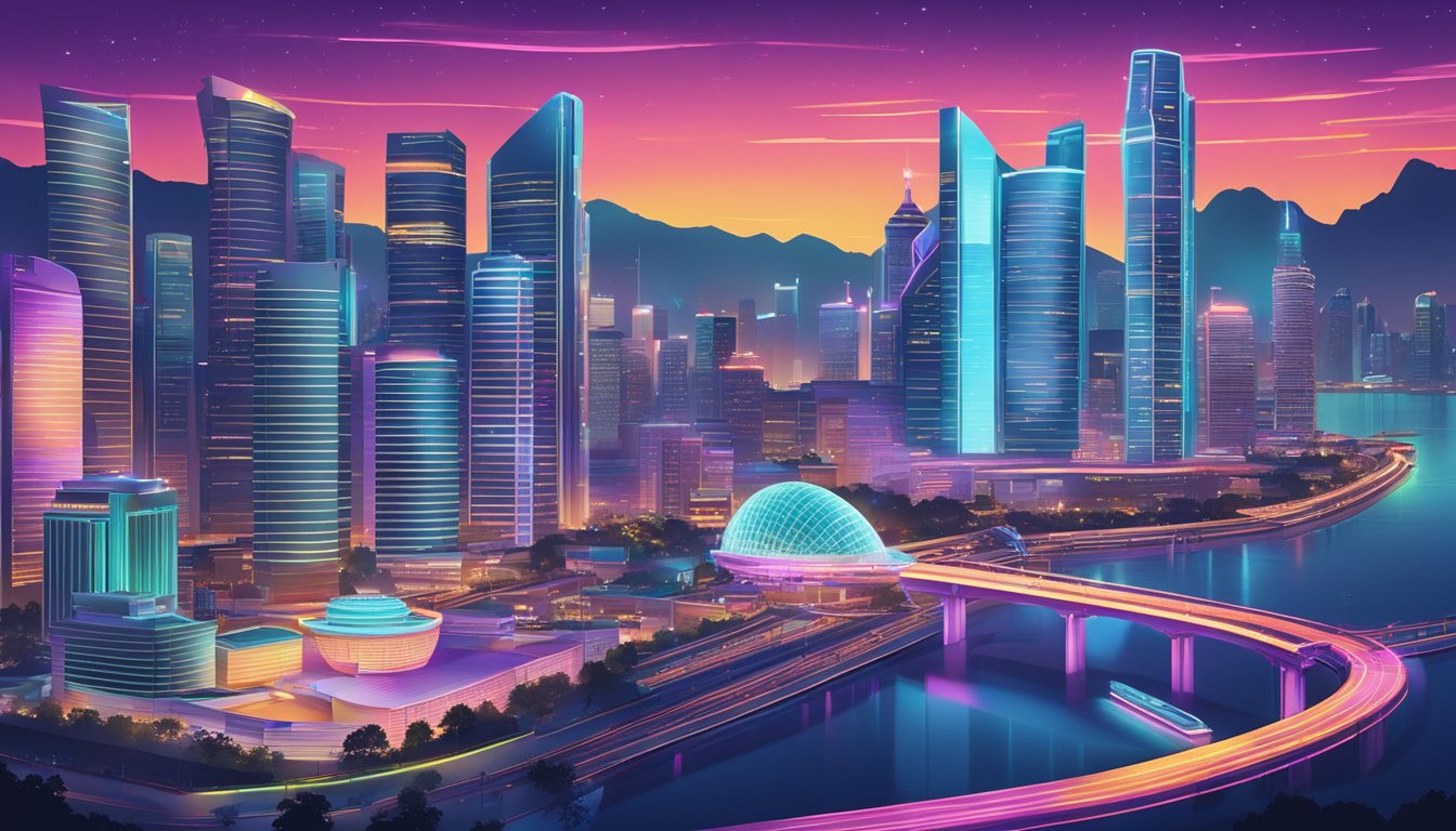 A futuristic skyline of Singapore with iconic landmarks, illuminated by neon lights. A sleek, modern whiskey distillery stands out among the cityscape