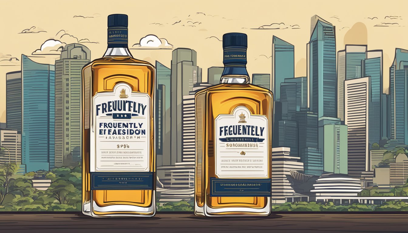 A stack of whiskey bottles with "Frequently Asked Questions" labels, set against a backdrop of the Singapore skyline