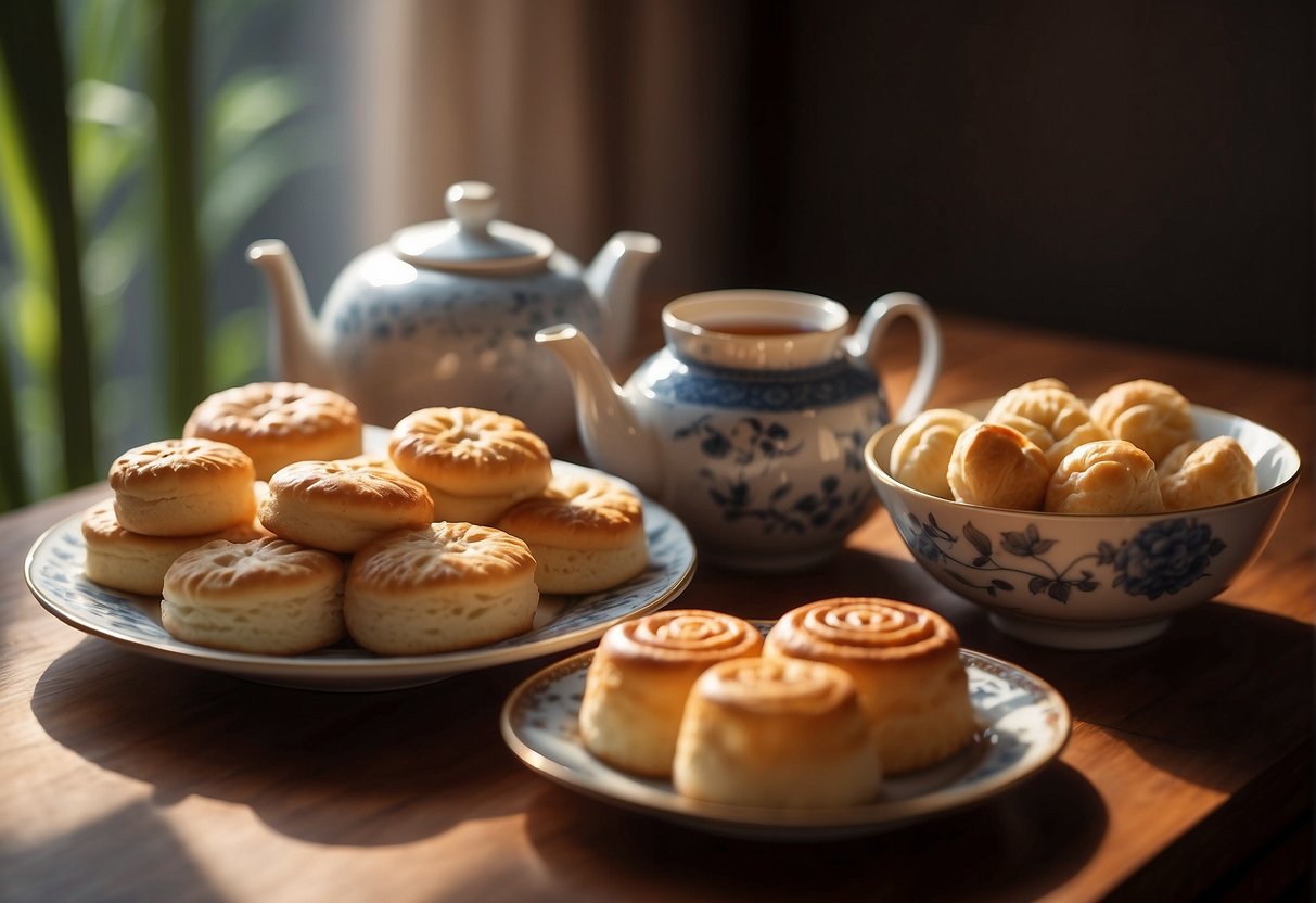 A table is set with delicate teacups, a steaming teapot, and an assortment of Chinese pastries. Soft sunlight filters through bamboo blinds, casting a warm glow on the scene