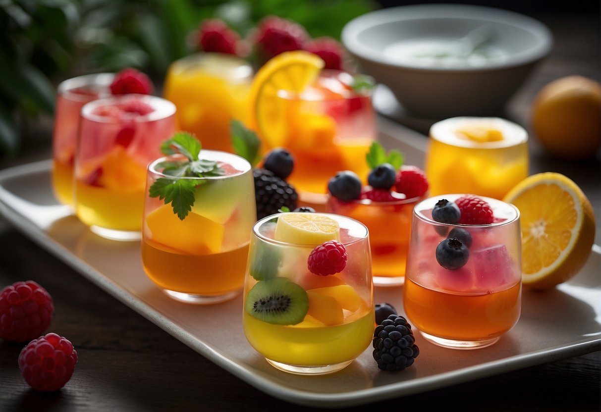 A table set with colorful and intricately designed Chinese agar agar desserts, garnished with fresh fruits and served in delicate glass bowls