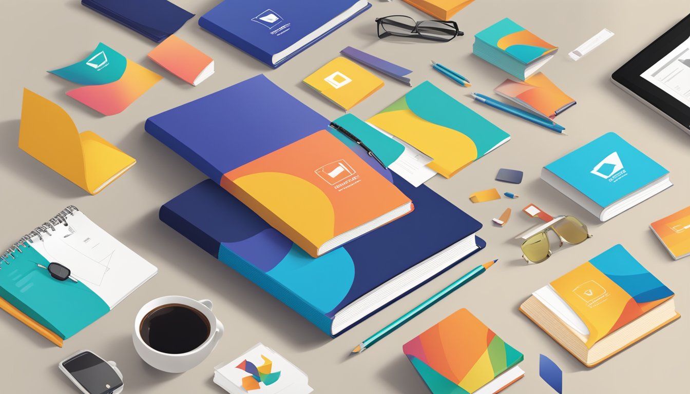 A brand book sits open on a desk, surrounded by colorful marketing materials and a logo prominently displayed. The book exudes professionalism and creativity