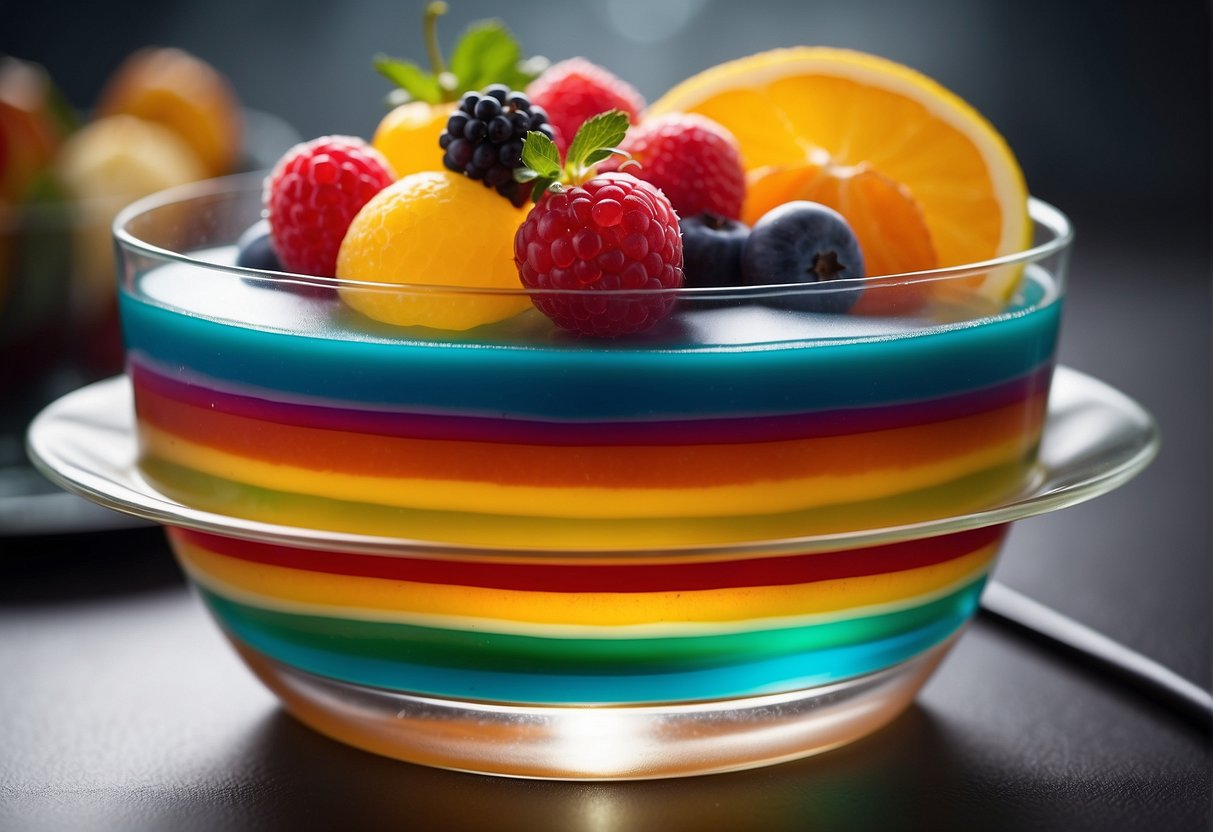 A clear glass bowl filled with colorful layers of agar agar dessert, garnished with fresh fruit and drizzled with syrup