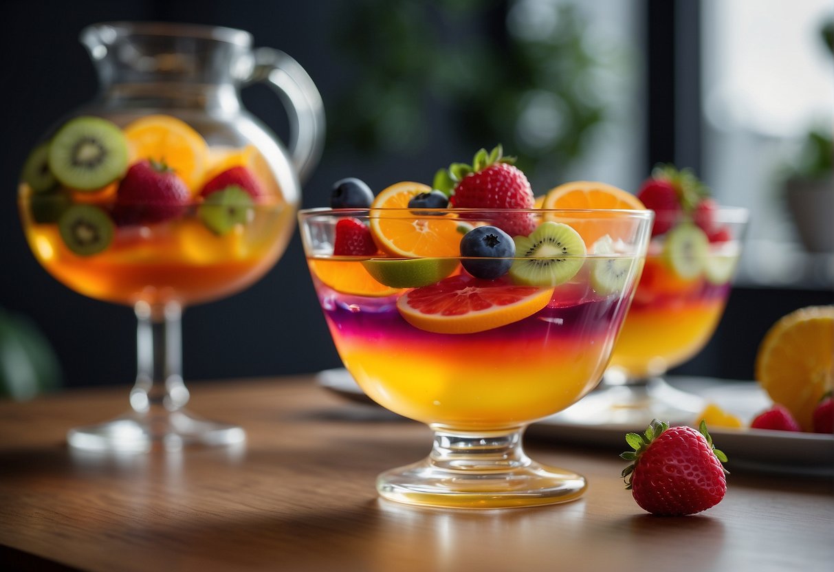 A clear glass bowl filled with layers of colorful agar agar dessert, topped with fresh fruit and a drizzle of sweet syrup