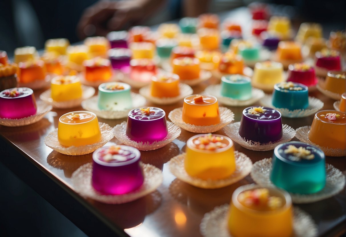 A table adorned with colorful Chinese agar agar desserts, surrounded by eager diners