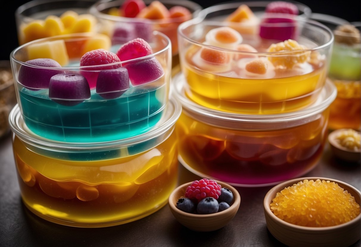 A table filled with colorful and intricate Chinese agar agar desserts, showcasing various flavors and creative variations