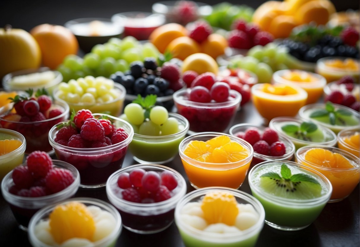 A colorful array of fresh fruits and agar agar dessert bowls, showcasing the health benefits and nutritional values of the Chinese dessert recipes