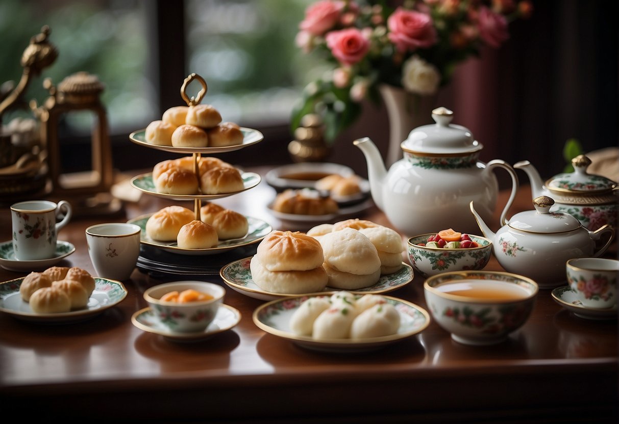 A table set with various Chinese afternoon tea dishes, including steamed buns, dumplings, and pastries, accompanied by traditional tea sets and decorative elements