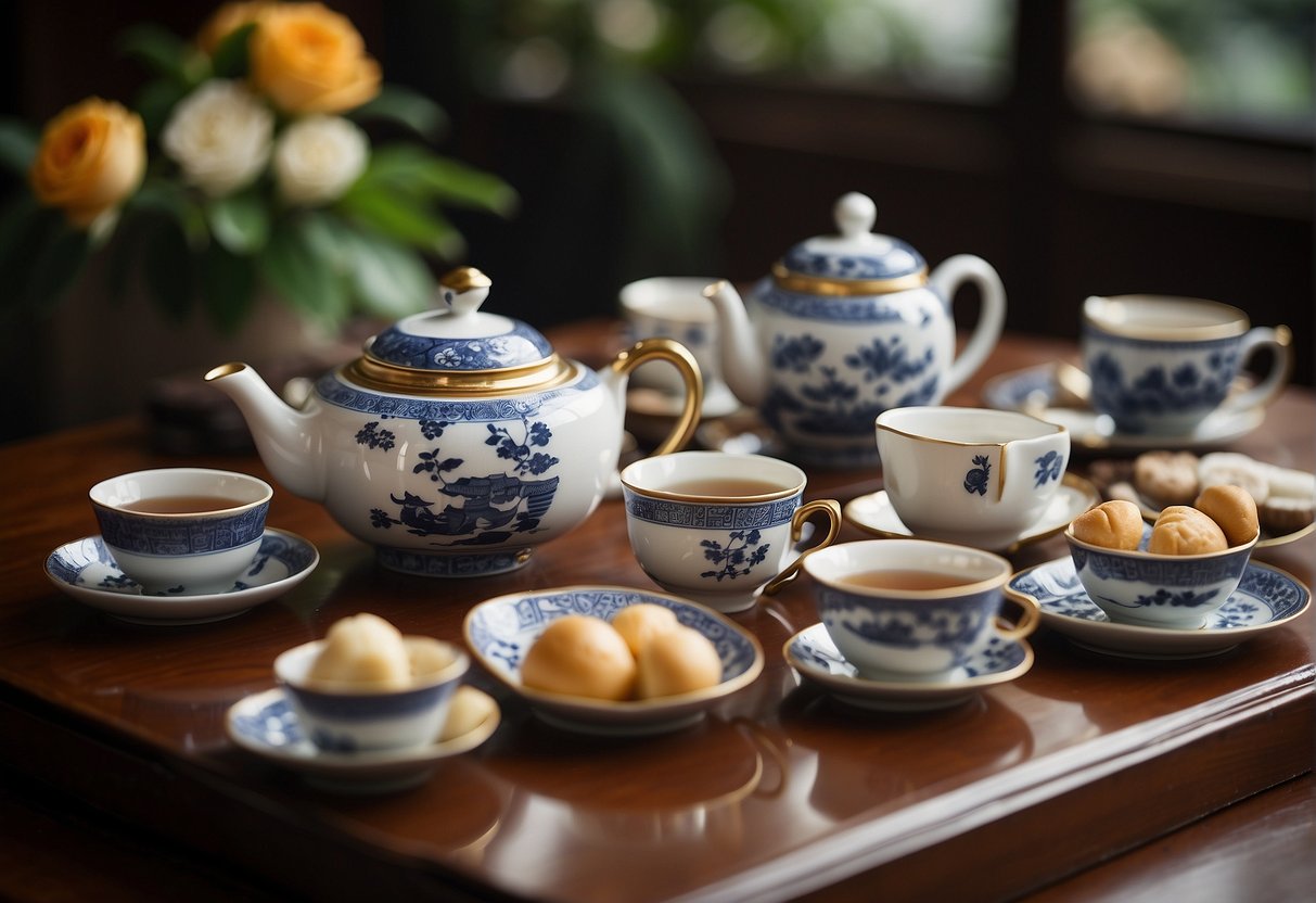 A table set with various Chinese afternoon tea dishes, surrounded by teapots, cups, and traditional Chinese decorations
