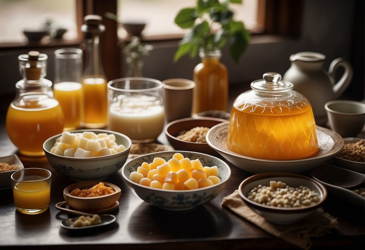 A table with various Chinese agar agar dessert ingredients and utensils laid out for preparation