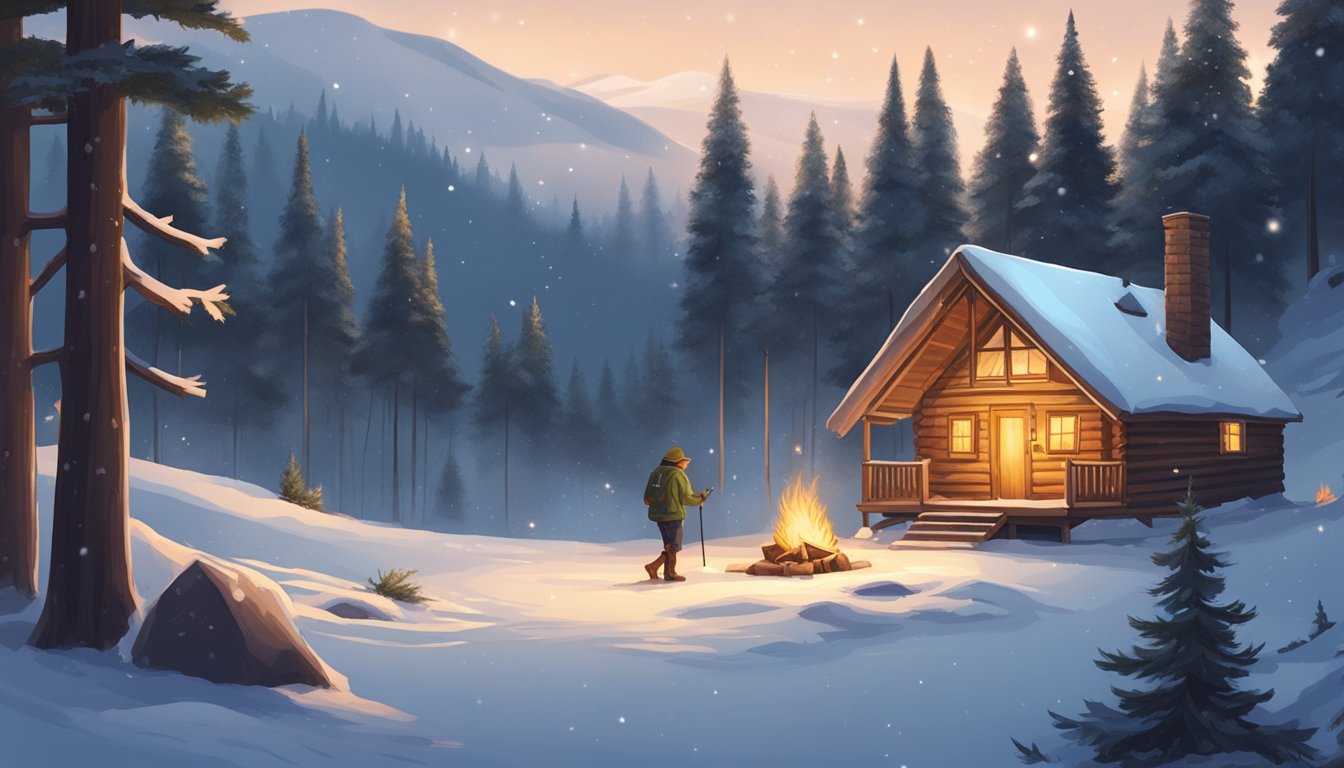 A snowy landscape with a cozy cabin, surrounded by pine trees, and a warm campfire. Snowflakes are falling, and a person is wearing a winter jacket, hat, and boots
