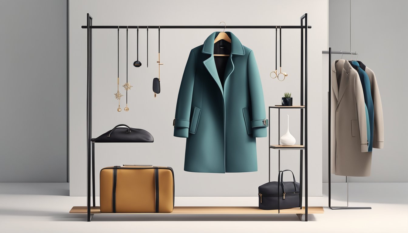 A sleek, modern winter coat hangs on a minimalist display rack, surrounded by stylish accessories and a clean, contemporary backdrop