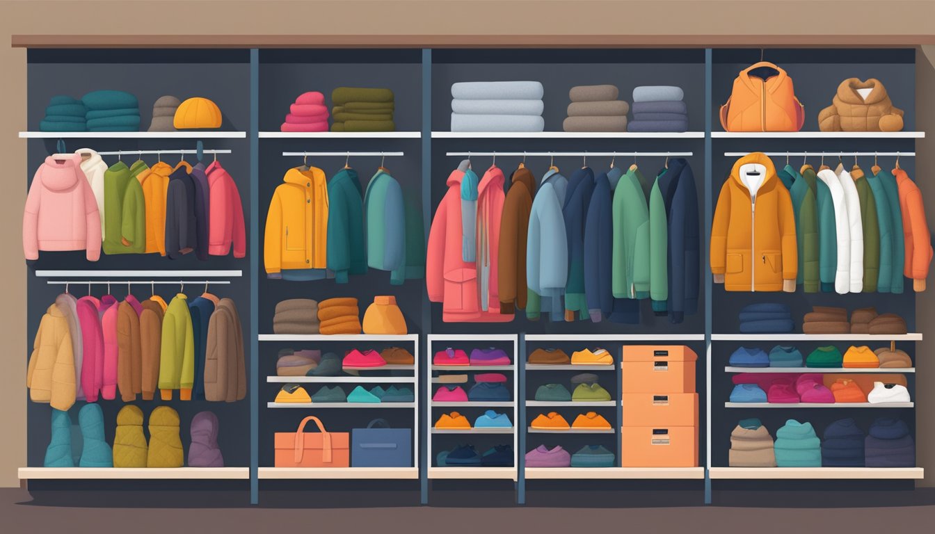 A display of various winter wear brands on shelves, with colorful jackets, cozy sweaters, and warm accessories neatly organized for customers to choose from