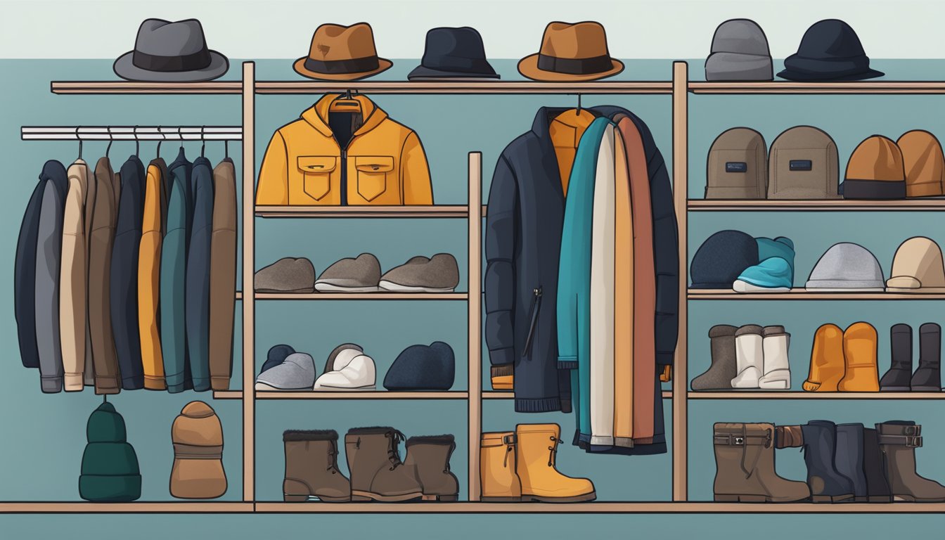A display of winter wear brands with a variety of jackets, hats, gloves, and scarves arranged neatly on shelves