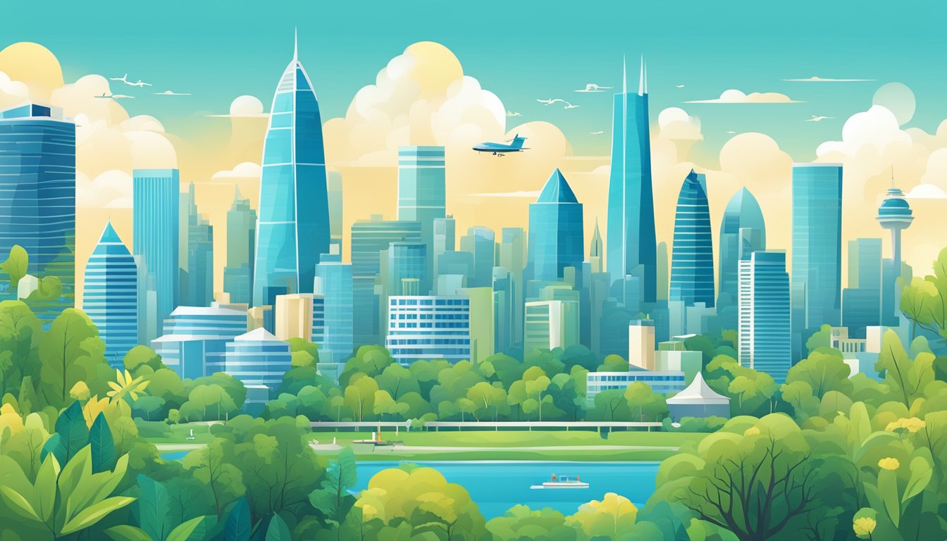 A vibrant city skyline with iconic landmarks and modern architecture, set against a backdrop of a clear blue sky and lush greenery