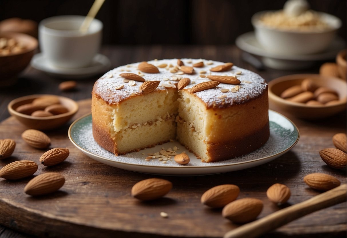 A traditional Chinese almond cake recipe being passed down through generations, with key ingredients like almonds, sugar, and flour displayed on a rustic wooden table