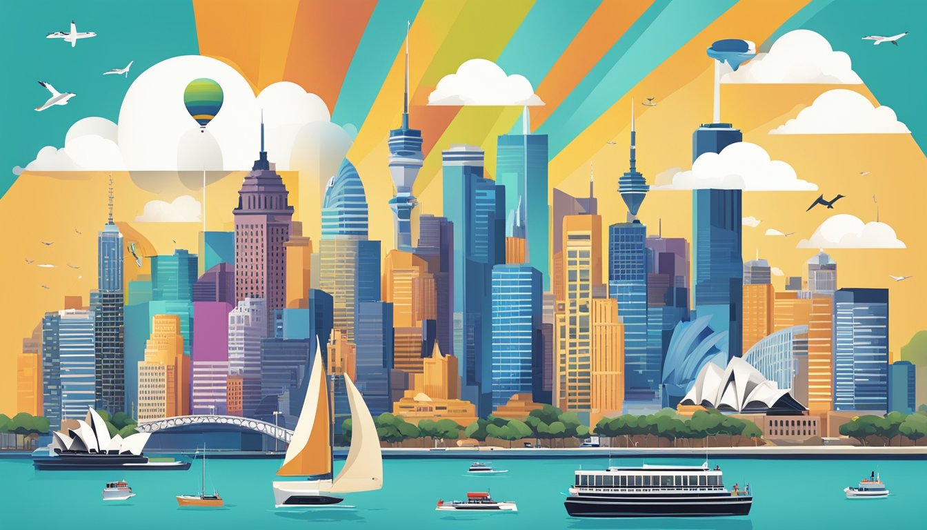 A bustling Sydney skyline with iconic landmarks, vibrant colors, and diverse cultural elements representing the importance of brand design in the city