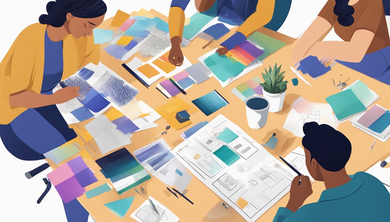 A group of creatives brainstorming, sketching, and collaborating on a brand strategy, surrounded by mood boards, color swatches, and typography samples