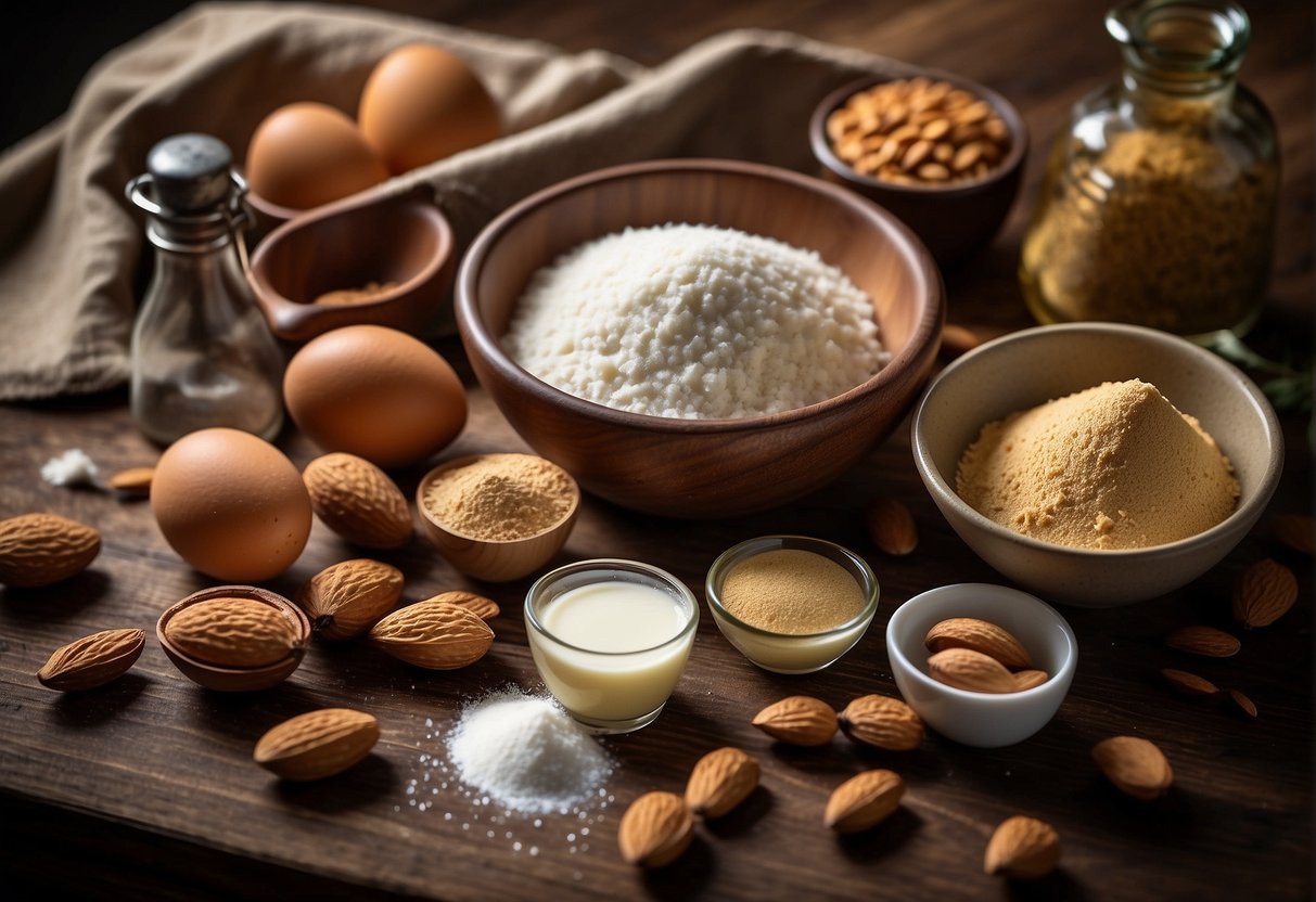 A table with ingredients: almonds, flour, sugar, eggs, and almond extract. A mixing bowl, measuring cups, and a whisk are also present
