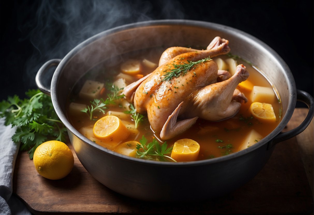A large pot simmering with whole chicken, ginger, and Chinese herbs in a clear broth
