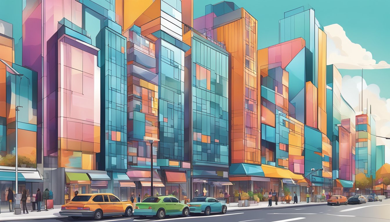 A vibrant city skyline with bold, modern architecture and sleek, sophisticated branding displayed on billboards and storefronts