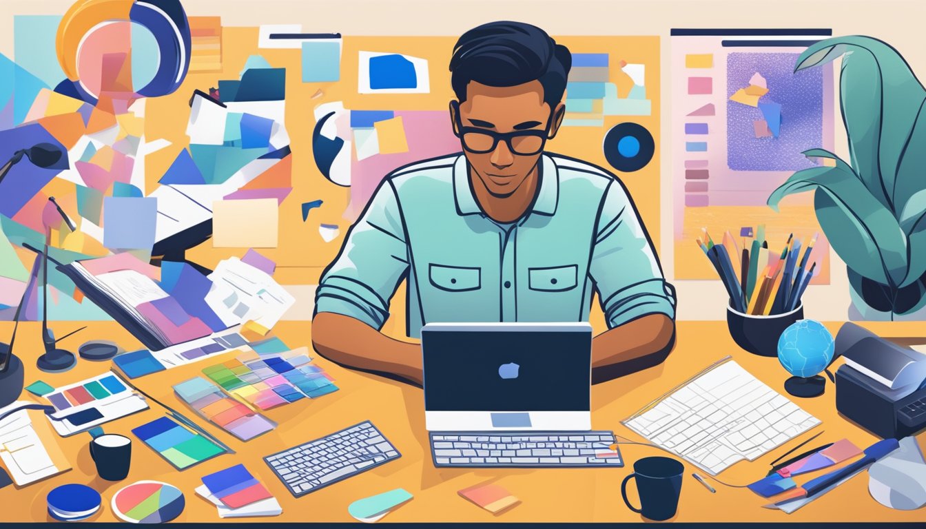 A person researching and comparing brand design agencies in Sydney, surrounded by logos, color swatches, and design samples
