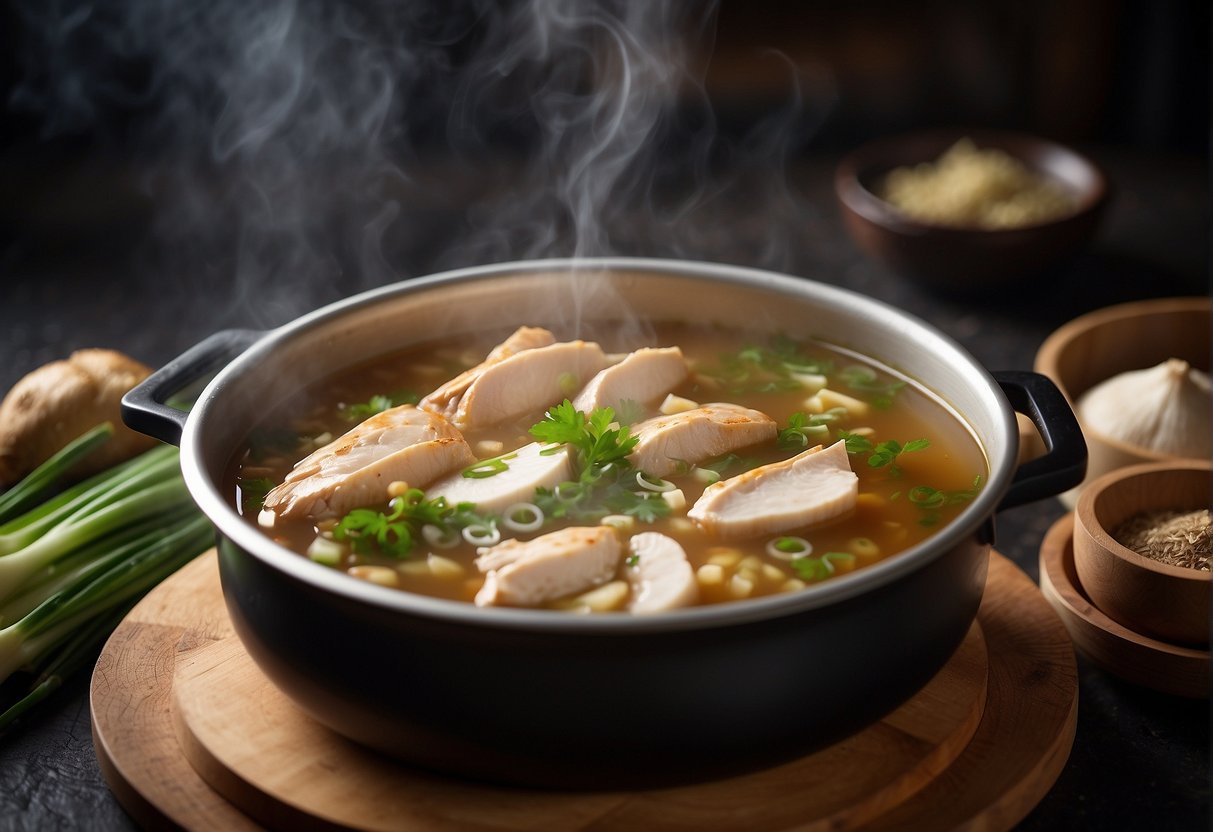 A whole chicken, ginger, scallions, and Chinese herbs simmer in a large pot of water, creating a fragrant and nourishing soup