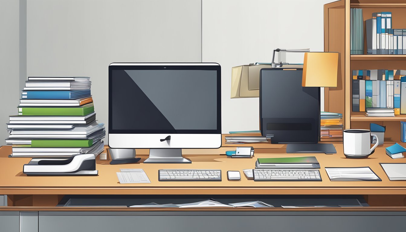 A modern office desk with a computer, printer, and various marketing materials such as brochures, flyers, and business cards. The brand logo is prominently displayed on all items