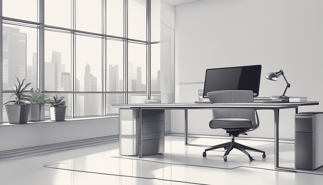 A modern, minimalist office desk with a computer, notebook, and pen. A sleek logo design displayed on the computer screen
