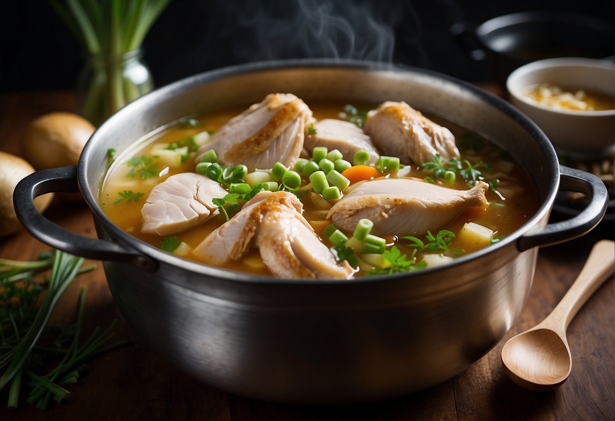 A whole chicken simmers in a large pot with ginger, green onions, and spices, creating a fragrant and savory Chinese soup