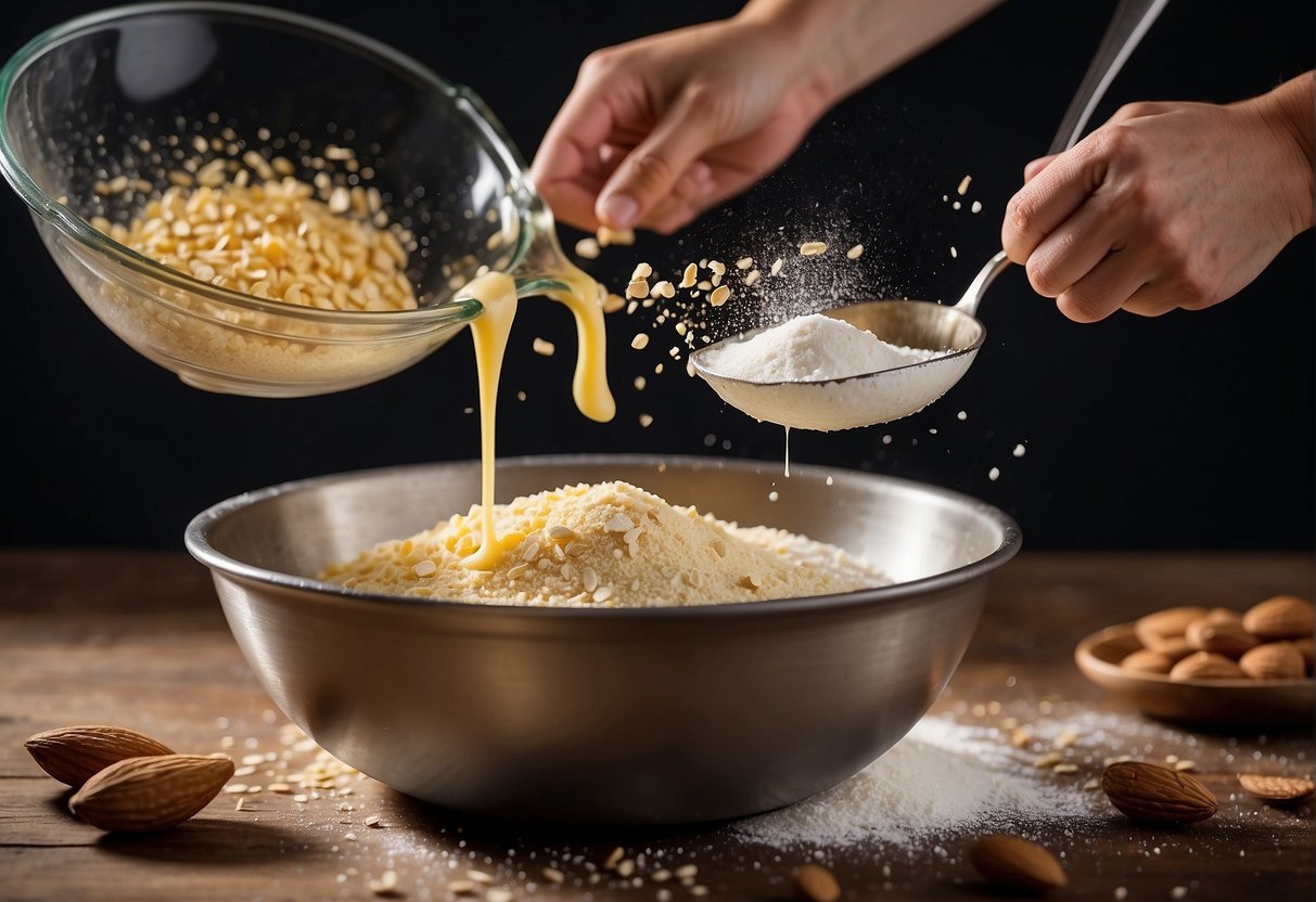 A mixing bowl filled with flour, sugar, and almonds. A hand pouring in melted butter. Another hand mixing the ingredients