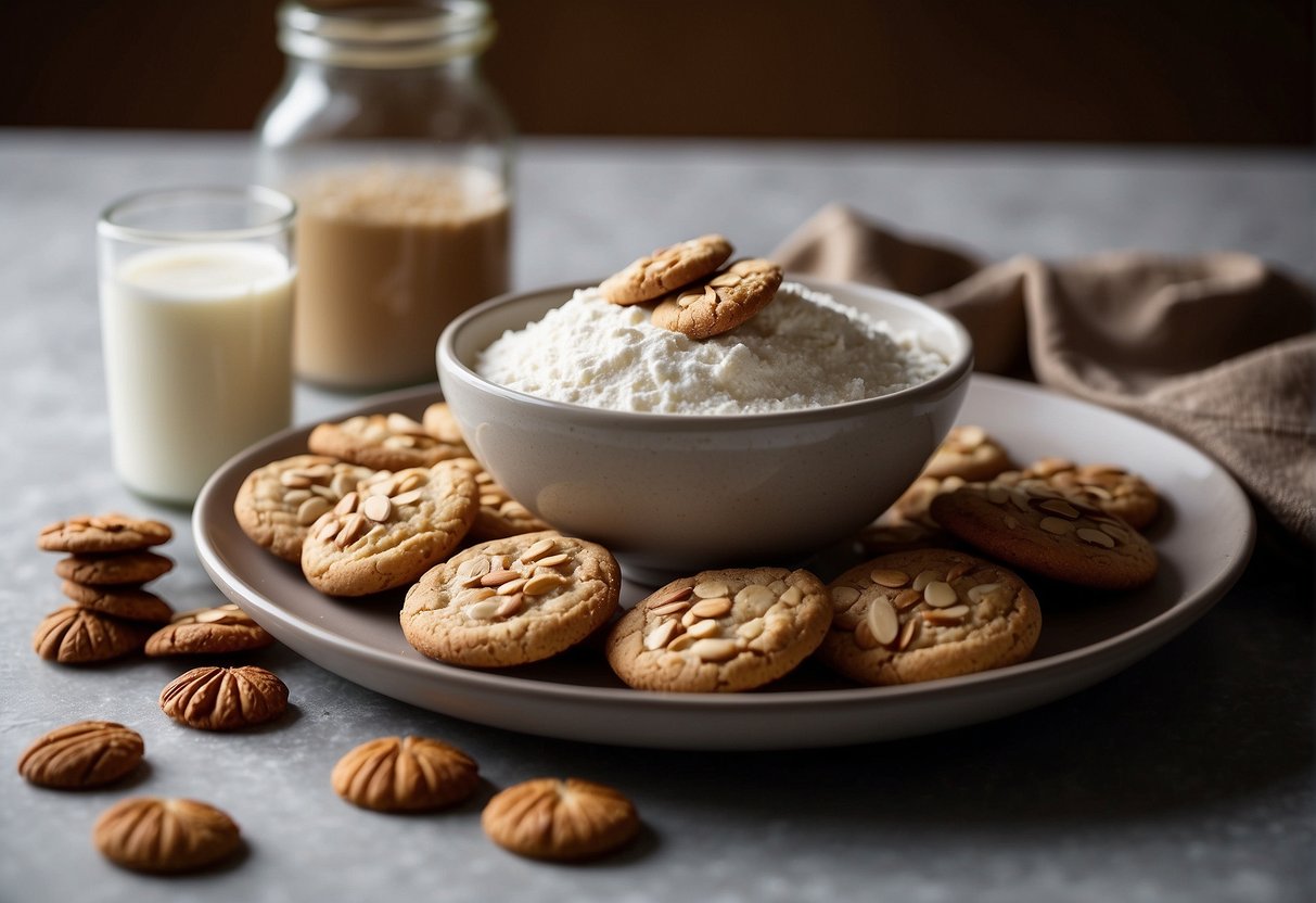 A table with a bowl of flour, sugar, and almonds. A jar of almond extract and a plate of baked cookies