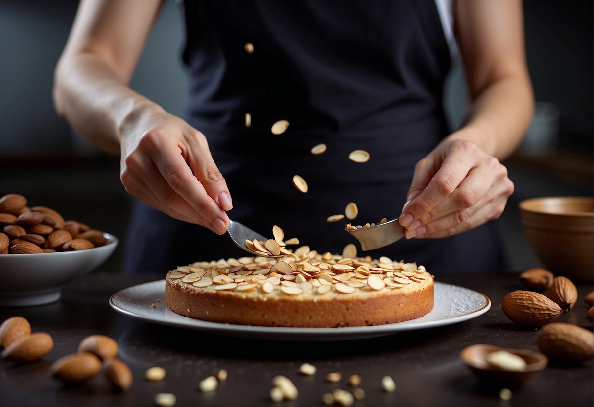 A baker carefully sprinkles sliced almonds on a freshly baked Chinese almond cake, adding the finishing touches to the delicious dessert