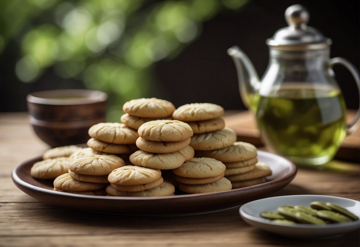 A plate of Chinese almond cookies with a pot of green tea and a small dish of almond slices on a wooden table