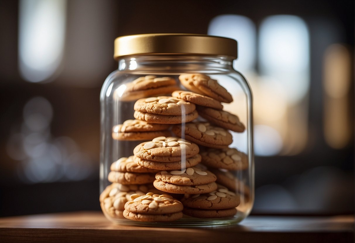 A glass jar filled with Chinese almond cookies sits on a wooden shelf, sealed with a cork lid to preserve the traditional recipe