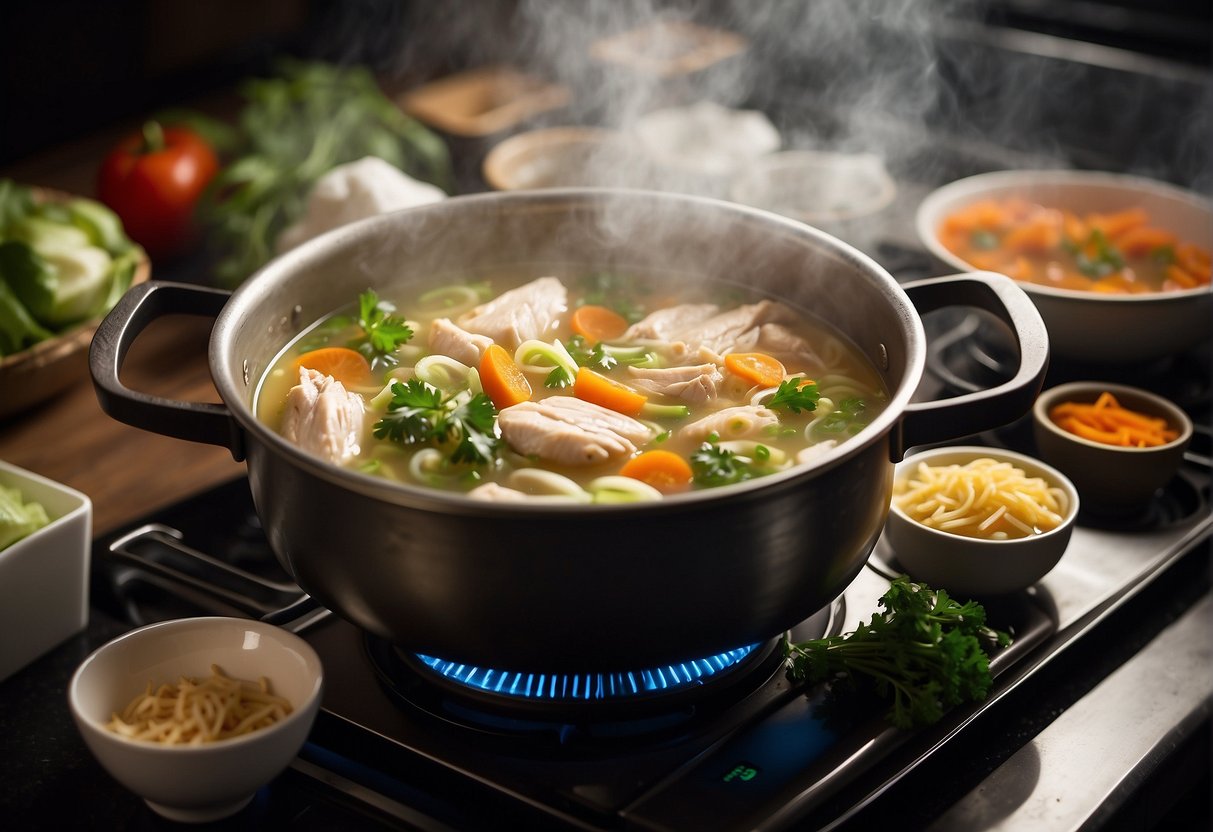 A pot of Chinese chicken soup simmers on a stovetop, surrounded by various ingredients and kitchen utensils. Steam rises from the pot, adding to the cozy atmosphere