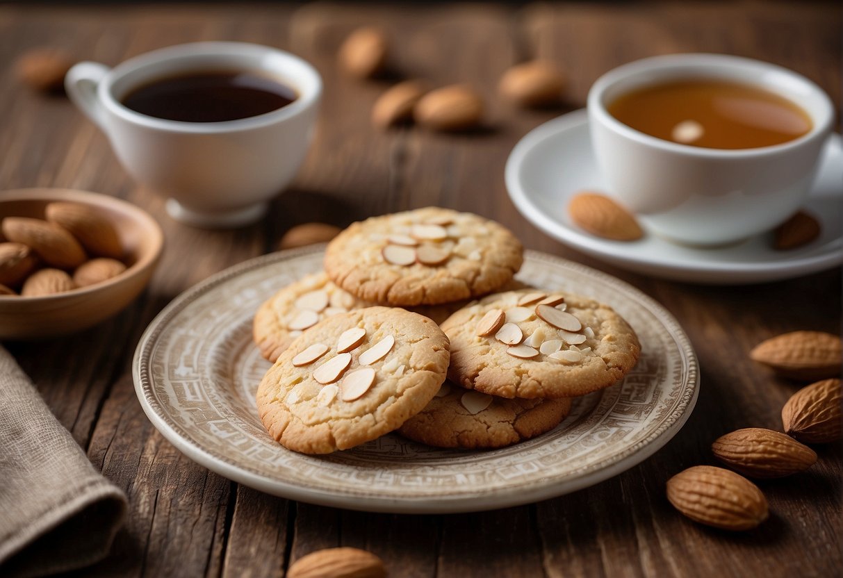 A plate of freshly baked Chinese almond cookies sits on a rustic wooden table, surrounded by scattered almond slices and a handwritten recipe card