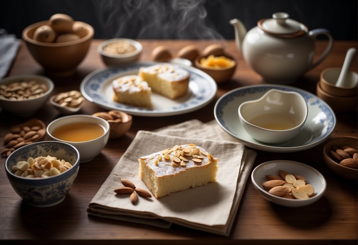 A table with ingredients and utensils for making Chinese almond cake, a recipe book open to the page with the instructions, and a finished cake on a plate