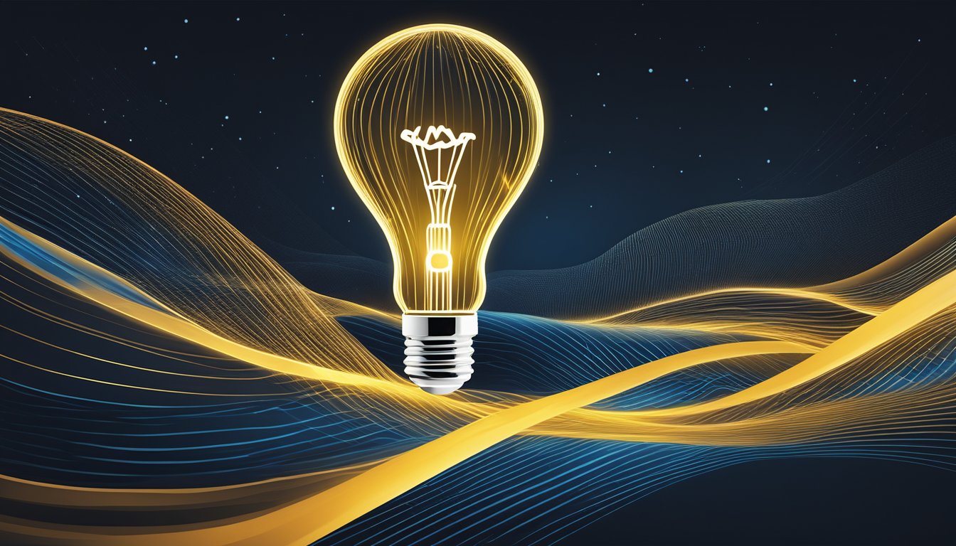 A bright, glowing light bulb surrounded by swirling lines and energy waves, representing our brand's innovative energy solutions