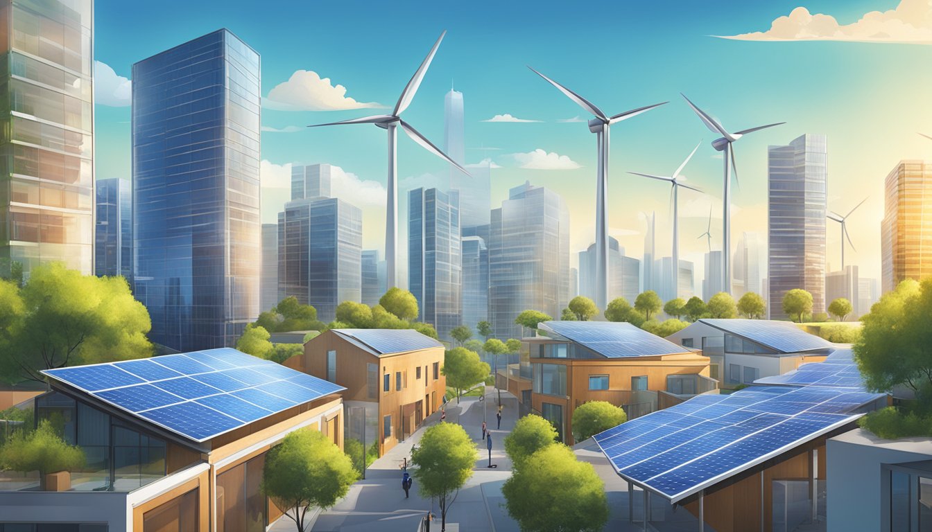 A vibrant city skyline with solar panels and wind turbines, showcasing Regional Focus brand energy solutions