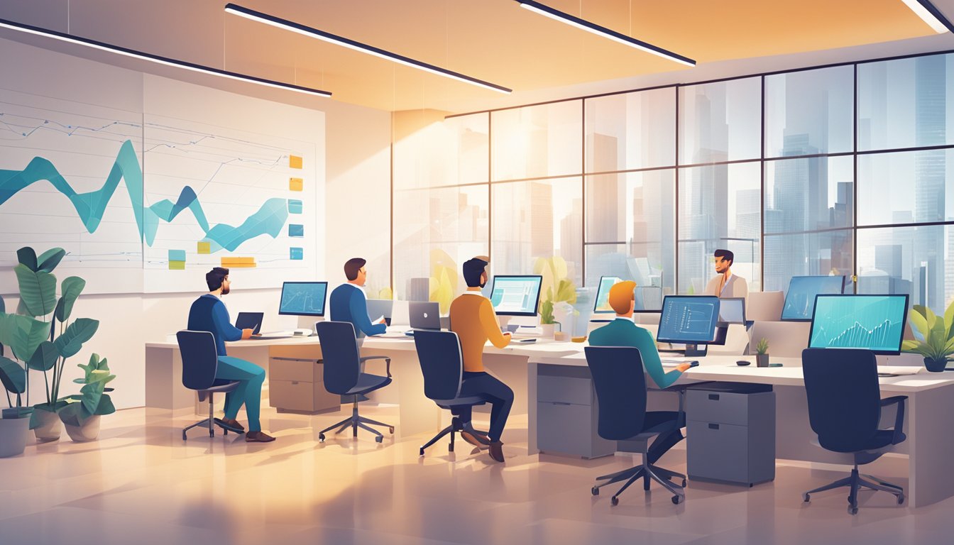 A bright, modern office with a sleek logo displayed prominently on the wall. A team of professionals engaged in conversation, surrounded by charts and graphs showcasing their energy solutions