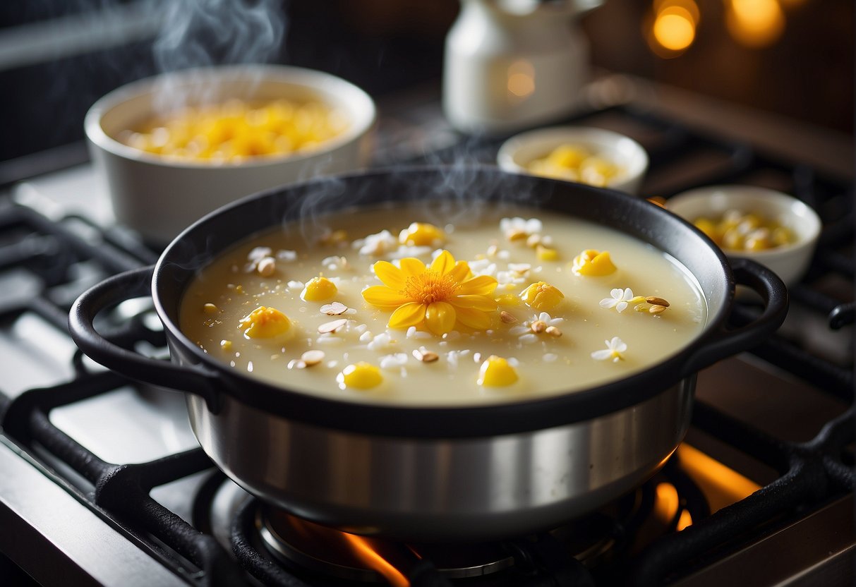 A steaming pot of Chinese almond dessert soup simmers on a stove, filled with almond milk, rock sugar, and garnished with floating osmanthus flowers