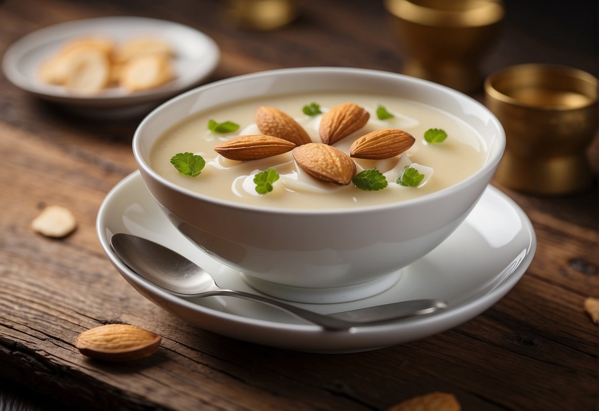 A bowl of Chinese almond dessert soup with floating almond slices, served on a wooden table with a spoon beside it