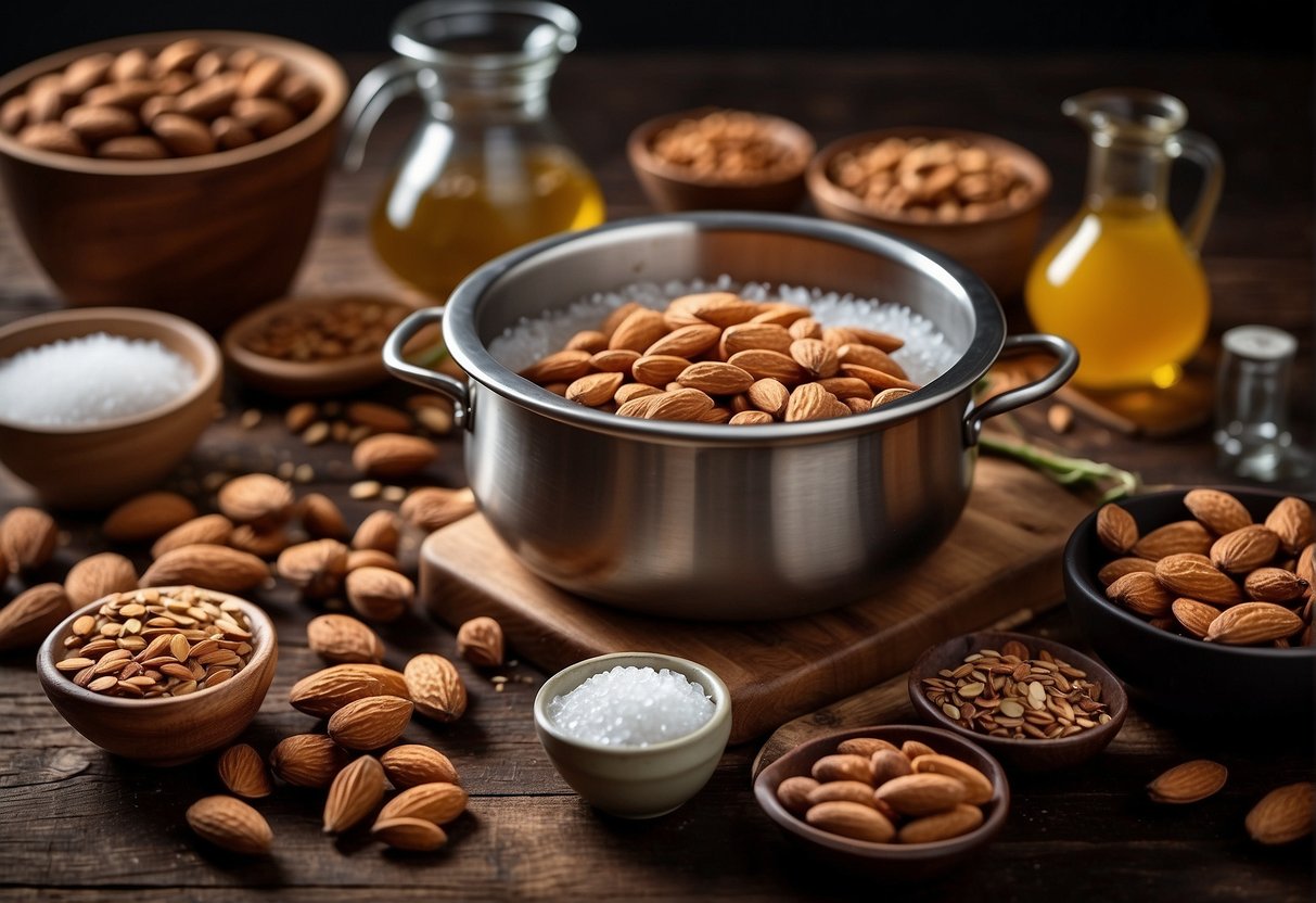 Ingredients laid out, almonds soaking in water, chef measuring sugar, and boiling water in a pot