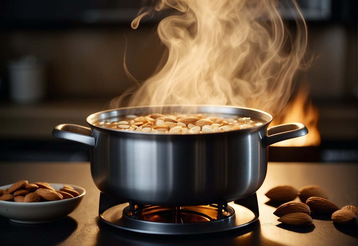 A pot simmers on a stove with almonds, sugar, and water. Steam rises as the ingredients meld together into a fragrant Chinese almond dessert soup